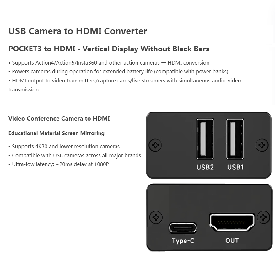 Pocket3 to HDMI to Connect The Guide Desk UVC to HDMI Teaching Screen Casting USB Camera to HDMI Converter