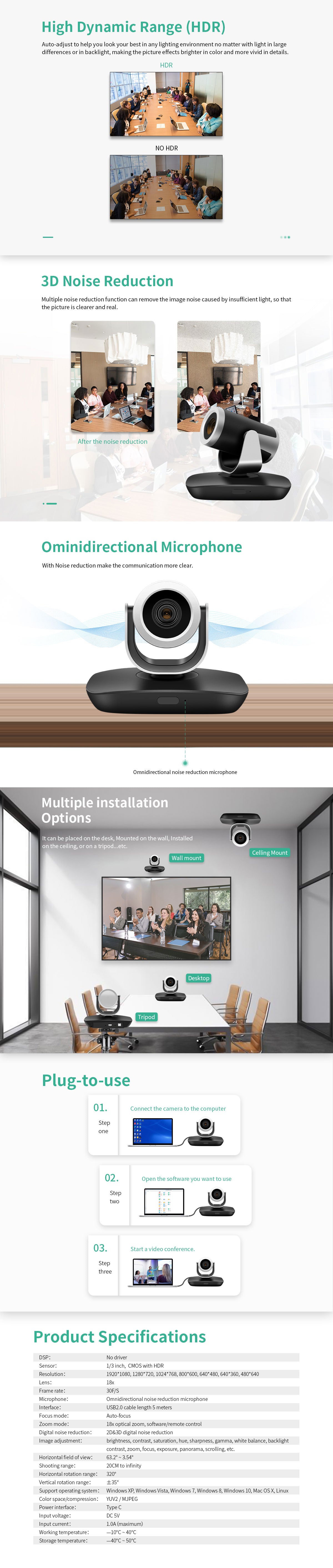Conference Camera HD 1080P 18X Optical Zoom PTZ, HDR, 3D Noise Reduction USB WebCam Live Streaming for Church Business Meeting